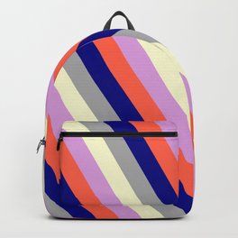 [ Thumbnail: Colorful Plum, Red, Blue, Dark Grey & Light Yellow Colored Lines/Stripes Pattern Backpack ]