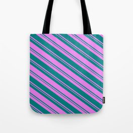 [ Thumbnail: Teal and Violet Colored Striped/Lined Pattern Tote Bag ]