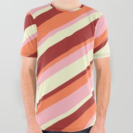 [ Thumbnail: Light Yellow, Brown, Coral & Light Pink Colored Stripes/Lines Pattern All Over Graphic Tee ]