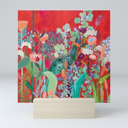 Red floral Jungle Garden Botanical featuring Proteas, Reeds, Eucalyptus, Ferns and Birds of Paradise Mini Art Print