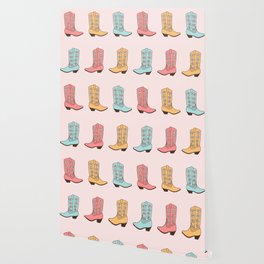 Cowgirl Boots and Daisies, Blush Pink, Mint, Cute Pastel Cowboy Pattern Wallpaper