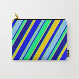[ Thumbnail: Eyecatching Blue, Green, Yellow, Light Sky Blue & Dark Blue Colored Lines/Stripes Pattern Carry-All Pouch ]