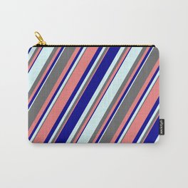 [ Thumbnail: Dim Grey, Light Coral, Dark Blue & Light Cyan Colored Stripes Pattern Carry-All Pouch ]