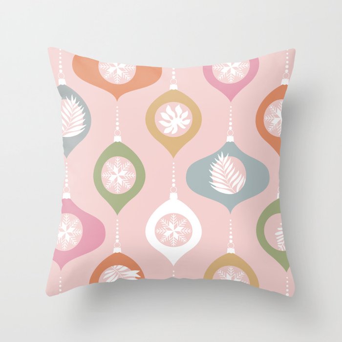 Retro Christmas Baubles Pattern on Pastel Pink Throw Pillow