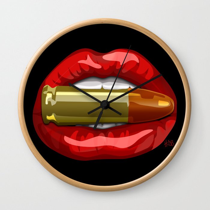 Biting The Bullet Red Lips on Black Wall Clock
