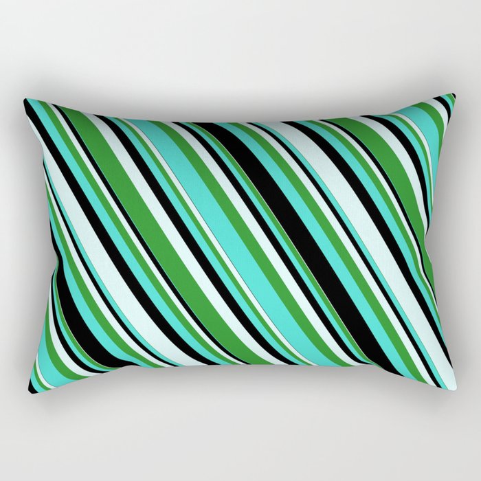 Turquoise, Black, Light Cyan, and Forest Green Colored Stripes Pattern Rectangular Pillow