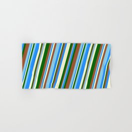 [ Thumbnail: Vibrant Sienna, Sky Blue, Blue, Light Yellow, and Dark Green Colored Striped Pattern Hand & Bath Towel ]