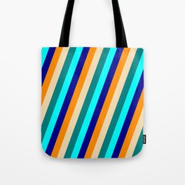 [ Thumbnail: Eyecatching Dark Orange, Tan, Teal, Aqua & Dark Blue Colored Stripes Pattern Tote Bag ]