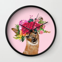 Rose Flower Crown Baby Deer in Pink Wall Clock