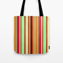 [ Thumbnail: Colorful Goldenrod, Maroon, Pale Goldenrod, Green, and Crimson Colored Lined Pattern Tote Bag ]