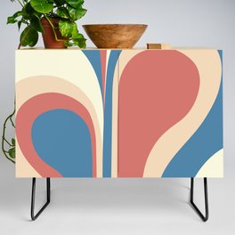 Retro Groovy Abstract Design in Celadon Blue, Light Yellow, Peach and Salmon Pink Credenza