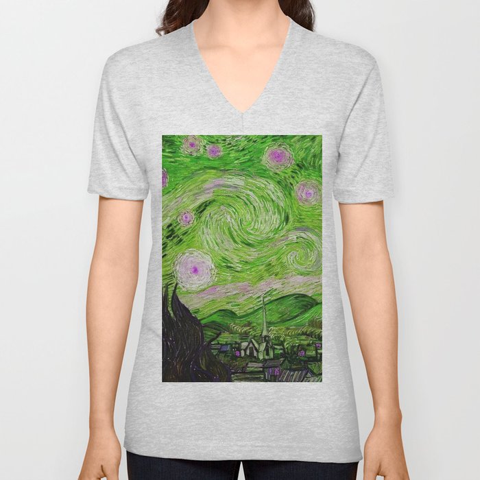 The Starry Night - La Nuit étoilée oil-on-canvas post-impressionist landscape masterpiece painting in alternate light green and fuchsia purple by Vincent van Gogh V Neck T Shirt