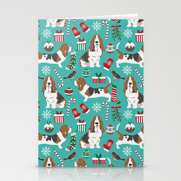 Basset Hound christmas pattern print pet friendly dog breed art for holiday decor Stationery Cards