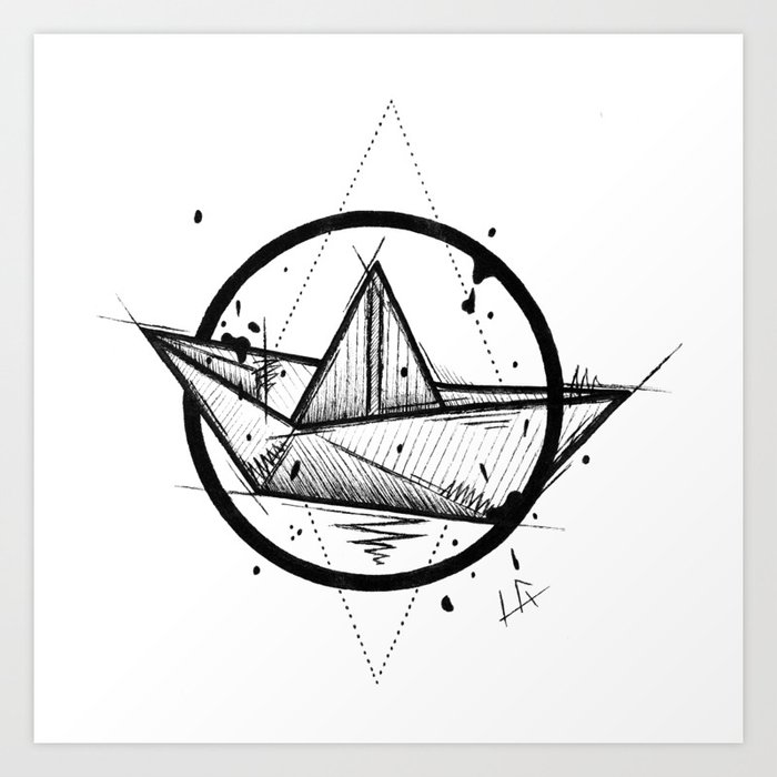 Paper Boat Handmade Drawing Made In Pencil And Ink Tattoo Sketch Tattoo Flash Blackwork Art Print By Lucagenart