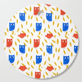 Autumn Orange and Blue Owl and Yellow Leaves on a White Background pattern Cutting Board