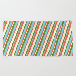 [ Thumbnail: Red, Beige, Green, and Sky Blue Colored Stripes Pattern Beach Towel ]