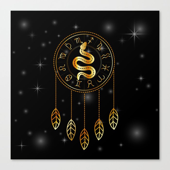 Dreamcatcher Zodiac symbols astrology horoscope signs with mystic snake in gold Canvas Print