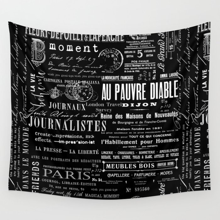 Vintage Text And Typography White On Black Wall Tapestry