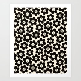 Retro Black & White Smiley Flower Pattern Art Print