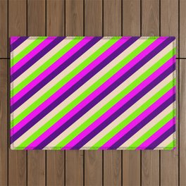[ Thumbnail: Chartreuse, Fuchsia, Indigo & Bisque Colored Lined/Striped Pattern Outdoor Rug ]