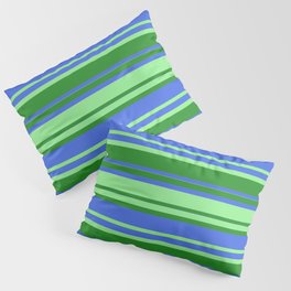 [ Thumbnail: Forest Green, Royal Blue & Light Green Colored Striped Pattern Pillow Sham ]