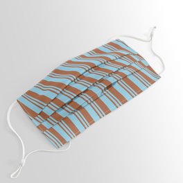[ Thumbnail: Sky Blue & Sienna Colored Lined/Striped Pattern Face Mask ]
