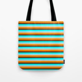 [ Thumbnail: Eyecatching Cyan, Powder Blue, Dark Orange, Brown, and Black Colored Striped Pattern Tote Bag ]