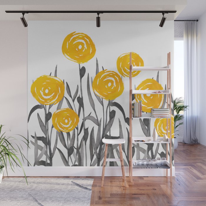 Fall Sunshine, Floral Watercolor Print, Yellow and Gray Wall Mural