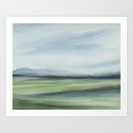 Windswept Valley III - Light Blue Wispy Clouds Navy River Green Valley Horizon Watercolor Nature Painting Art Print Wall Décor   Art Print