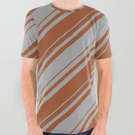 [ Thumbnail: Dark Gray and Sienna Colored Striped/Lined Pattern All Over Graphic Tee ]