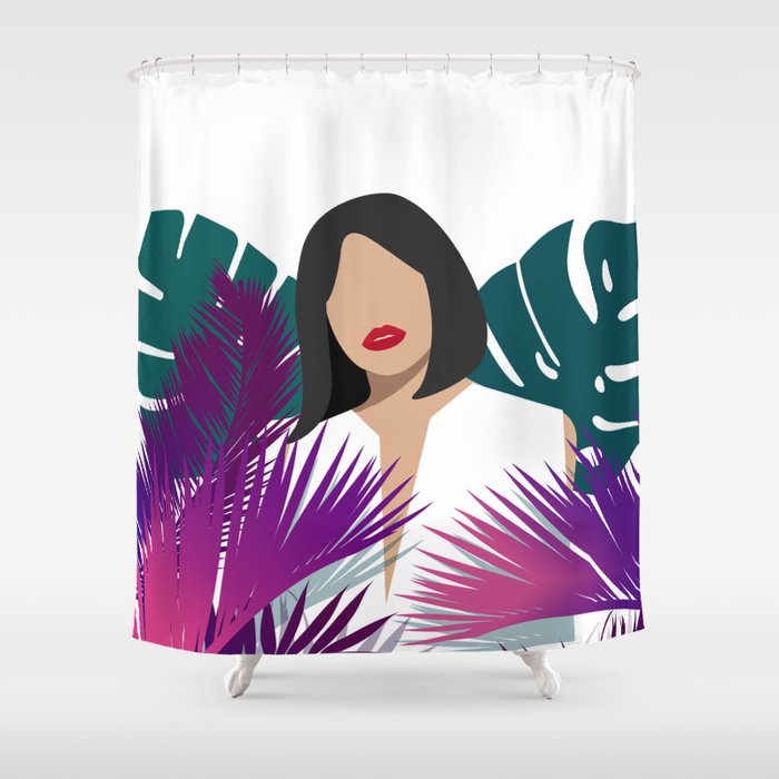 Woman surrounded by tropical plants 2 Shower Curtain