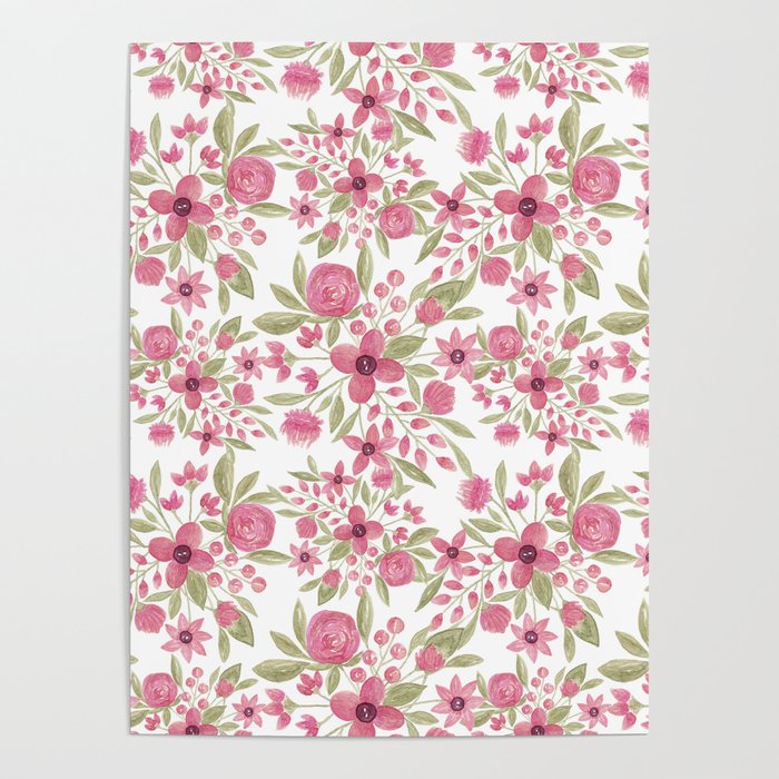 Elegant Pink Moss Green Watercolor Floral Pattern Poster by Pink Water