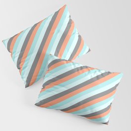[ Thumbnail: Gray, Light Salmon, Turquoise, and Light Cyan Colored Striped Pattern Pillow Sham ]