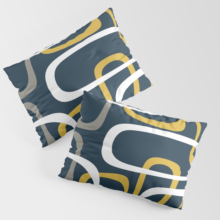Mid Century Modern Loops Pattern in Light Mustard Yellow, Navy Blue, Gray, and White Pillow Sham