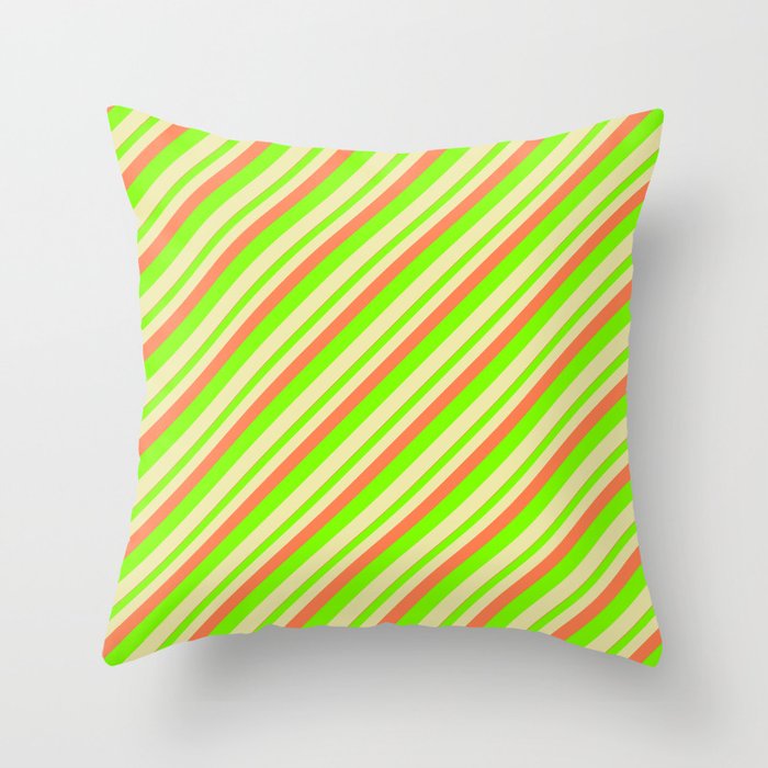 Coral, Chartreuse, and Pale Goldenrod Colored Lined/Striped Pattern Throw Pillow