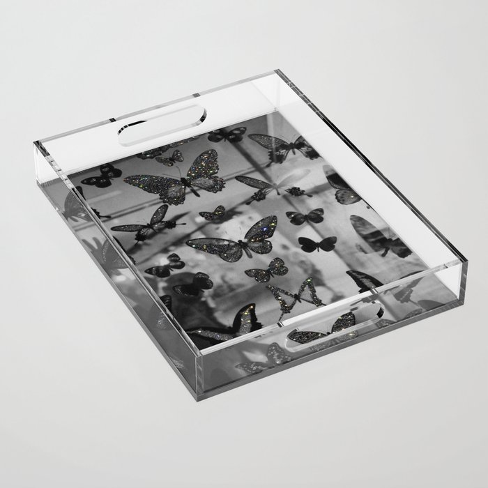 BLACK AND WHITE BUTTERFLIES | photo | sparkle and shine | wings | aesthetic | monochrome | fly  Acrylic Tray