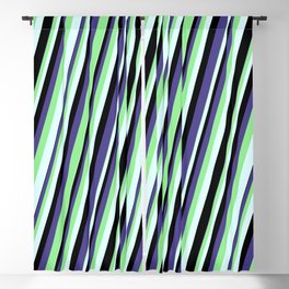 [ Thumbnail: Dark Slate Blue, Light Green, Light Cyan & Black Colored Lines/Stripes Pattern Blackout Curtain ]