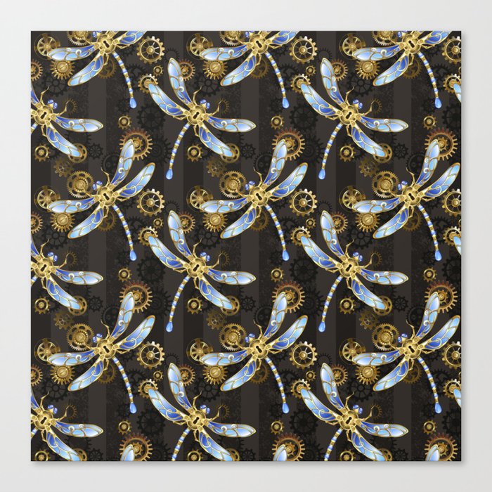 Steampunk Seamless with Mechanical Dragonflies Canvas Print