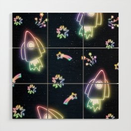 Neon Star and Spacecraft Doodle 2 Wood Wall Art