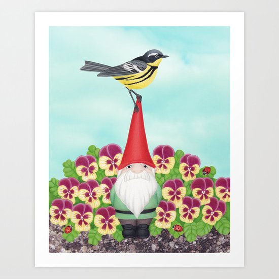gnome with magnolia warbler and pansies Art Print