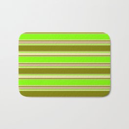 [ Thumbnail: Chartreuse, Pale Goldenrod, Green & Tan Colored Pattern of Stripes Bath Mat ]
