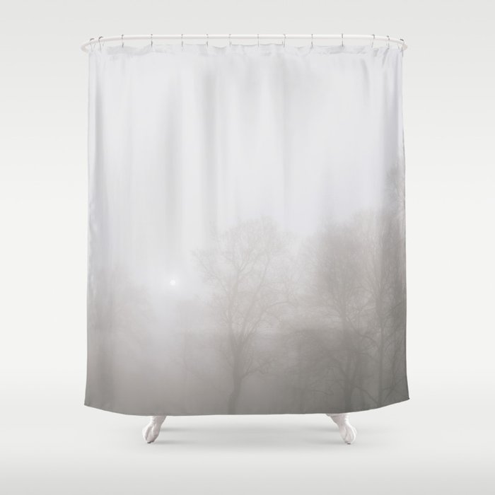 Early Morning Sun And Trees In Fog South Pickenham Norfolk Uk Shower Curtain