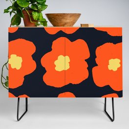 Large Pop-Art Retro Flowers in Orange on Black Background  Credenza