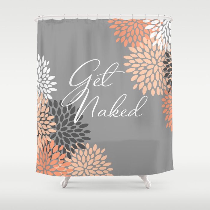 Get Naked, Floral Prints, Coral, Gray, Bathroom Art Shower Curtain