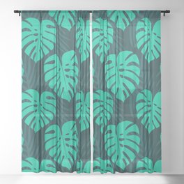 Monstera and Palm Leaves on Deep Blue Sheer Curtain
