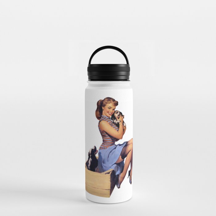 Brunette Pin Up Blue Skirt And Shoes Two Dogs Puppies Water Bottle