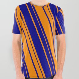 [ Thumbnail: Dark Orange and Dark Blue Colored Lines Pattern All Over Graphic Tee ]
