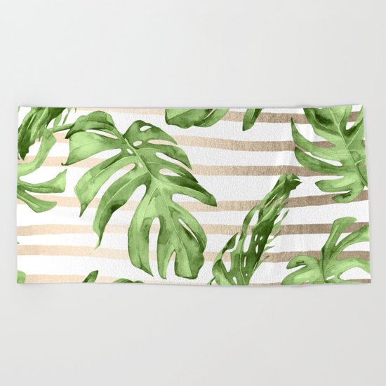 Simply Tropical White Gold Sands Stripes and Palm Leaves Beach Towel