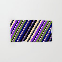 [ Thumbnail: Colorful Black, Beige, Purple, Green, and Blue Colored Pattern of Stripes Hand & Bath Towel ]