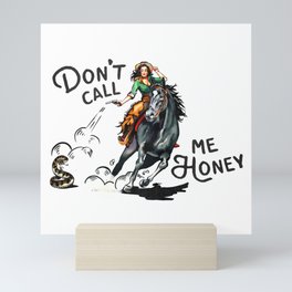 "Don't Call Me Honey" Cowgirl On Horseback Shooting a Rattlesnake Mini Art Print
